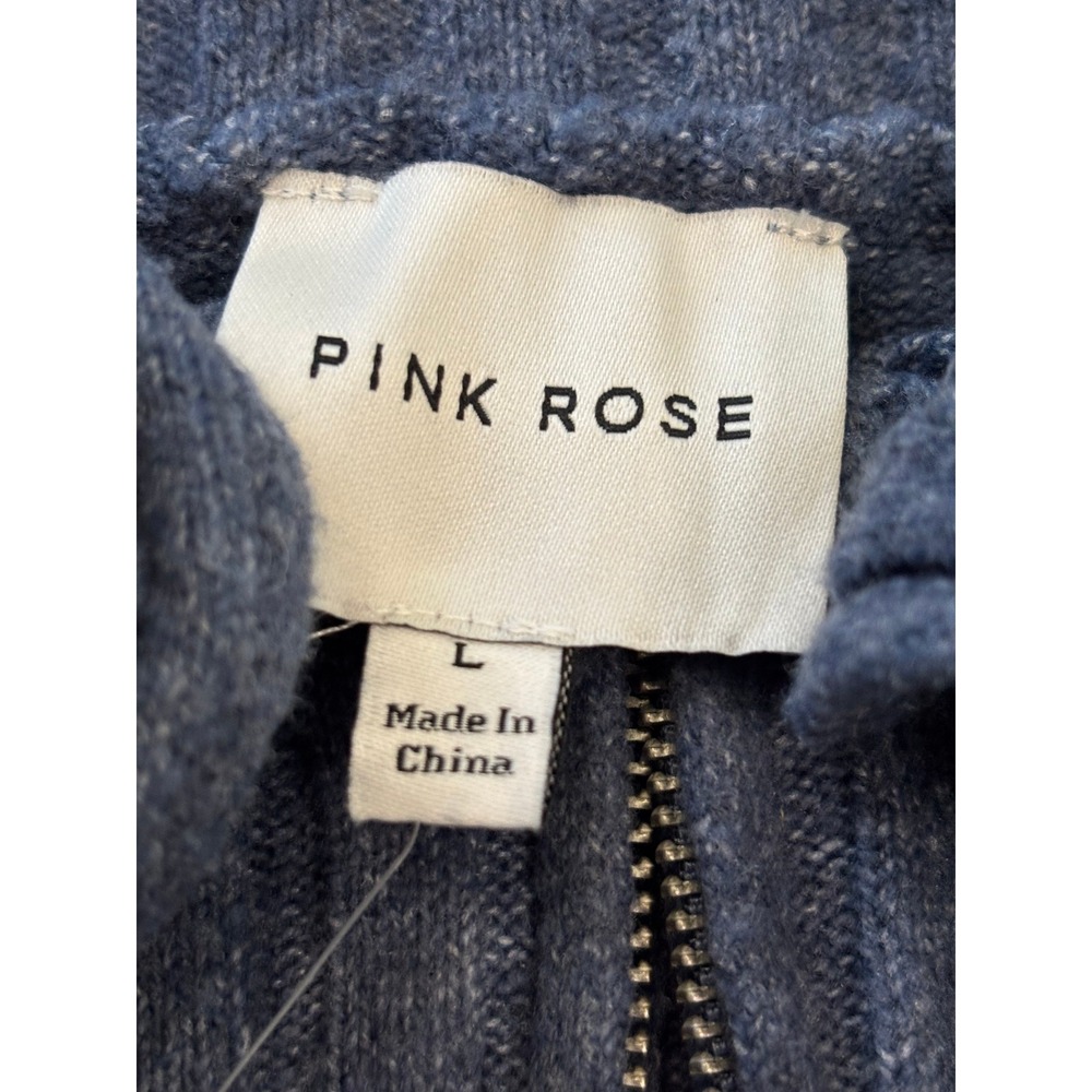 Pink Rose Blue Ribbed Zip Front Off Shoulder Cardigan Sweater Large NWT - Picture 2 of 6